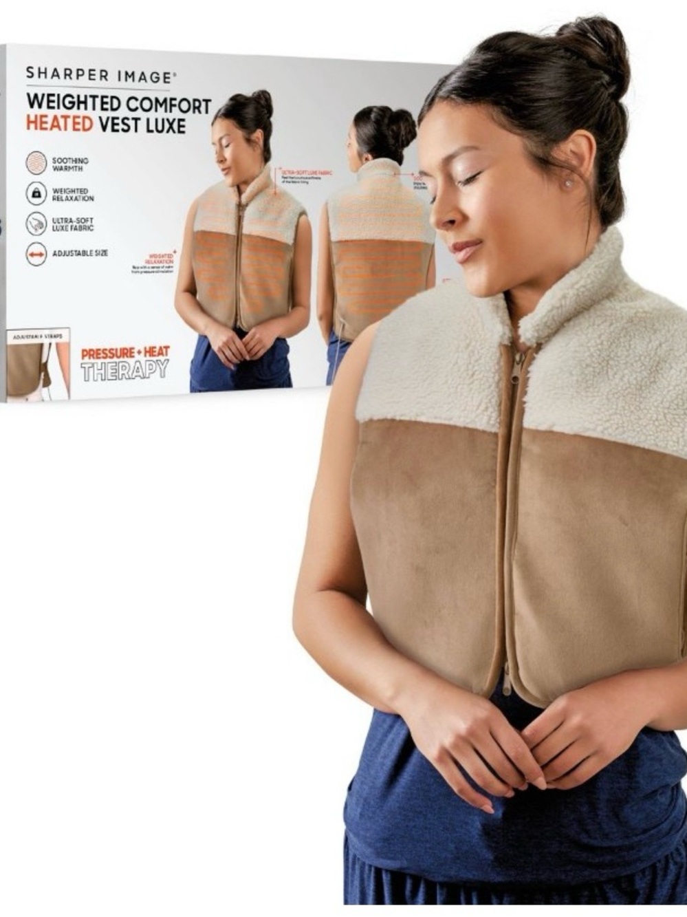 Sharper Image Women's Heated Vest Luxe - Tan and Cream